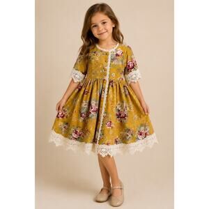 Trish Scully Girls Mustard Floral Lace Trim Dress Size 12